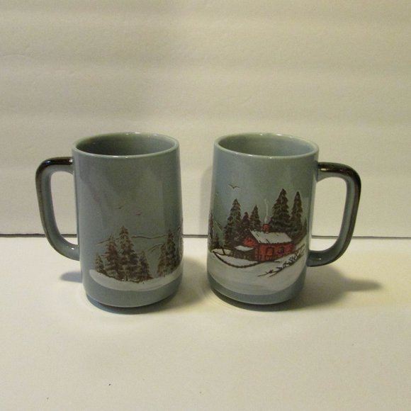 set of 2 tall blue mug embossed winter scene cabin tree Christmas cups - Picture 1 of 7